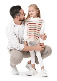 Photo of Happy father with his cute little daughter on white background