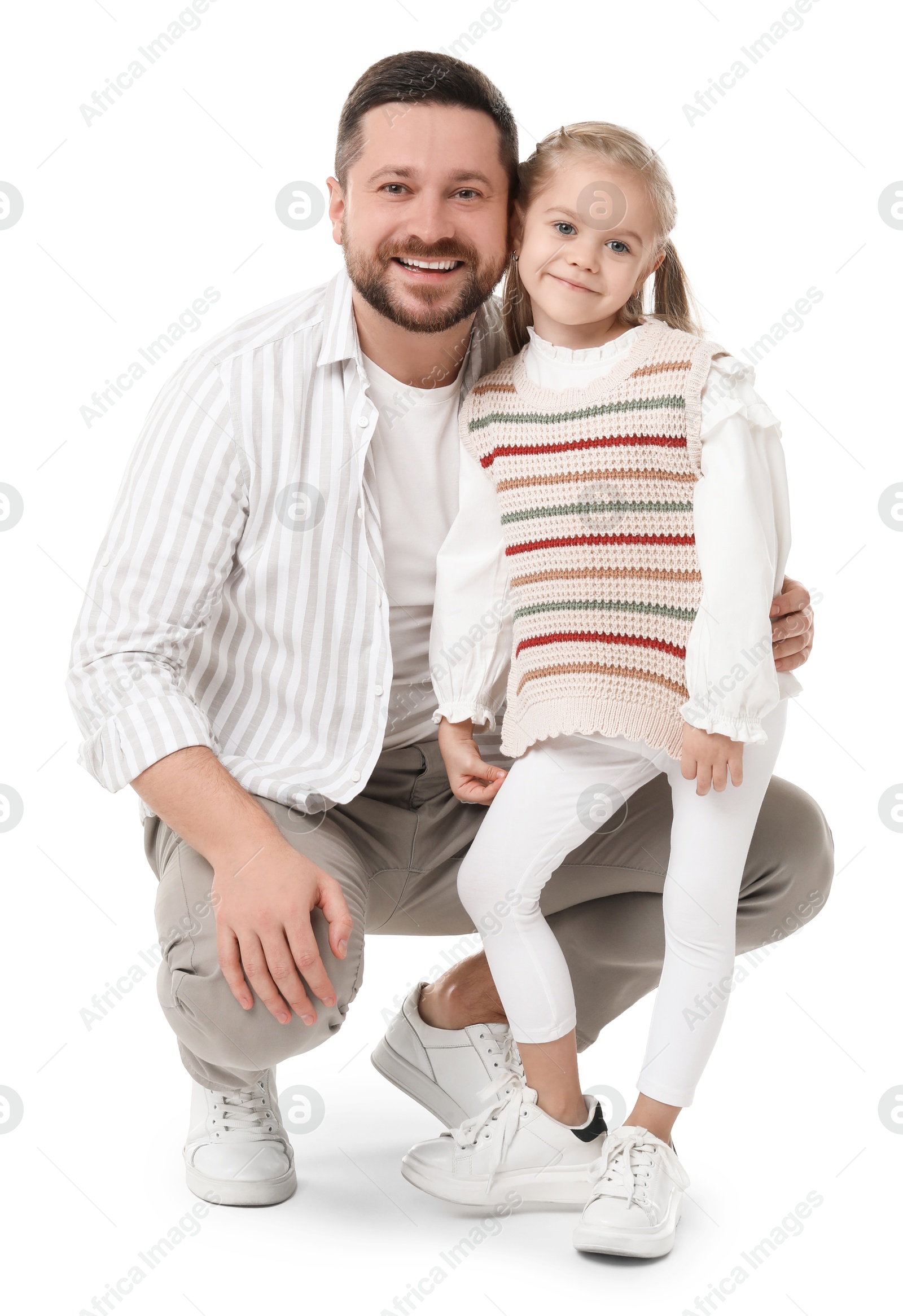 Photo of Happy father with his cute little daughter on white background