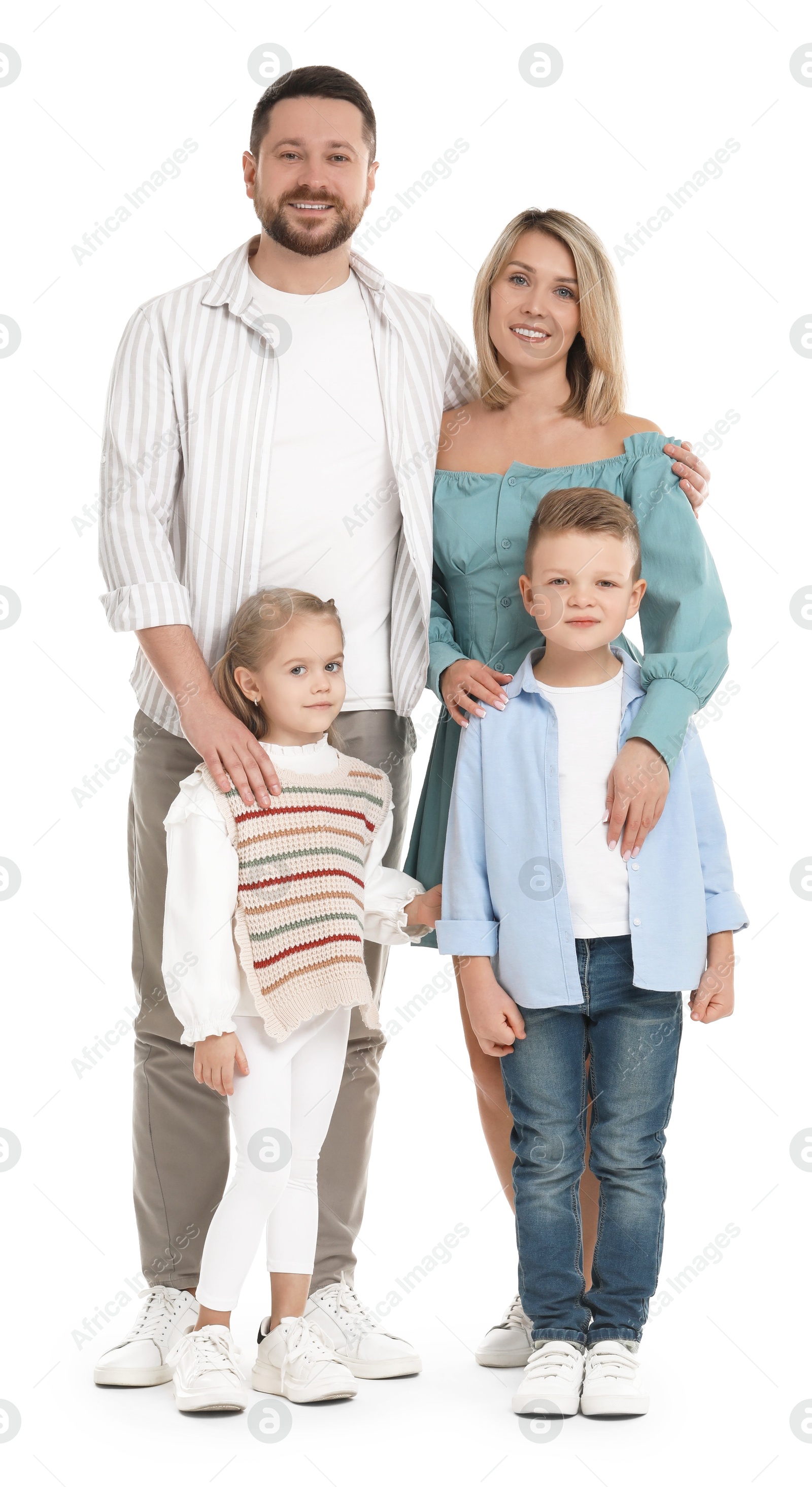 Photo of Happy parents with their children on white background