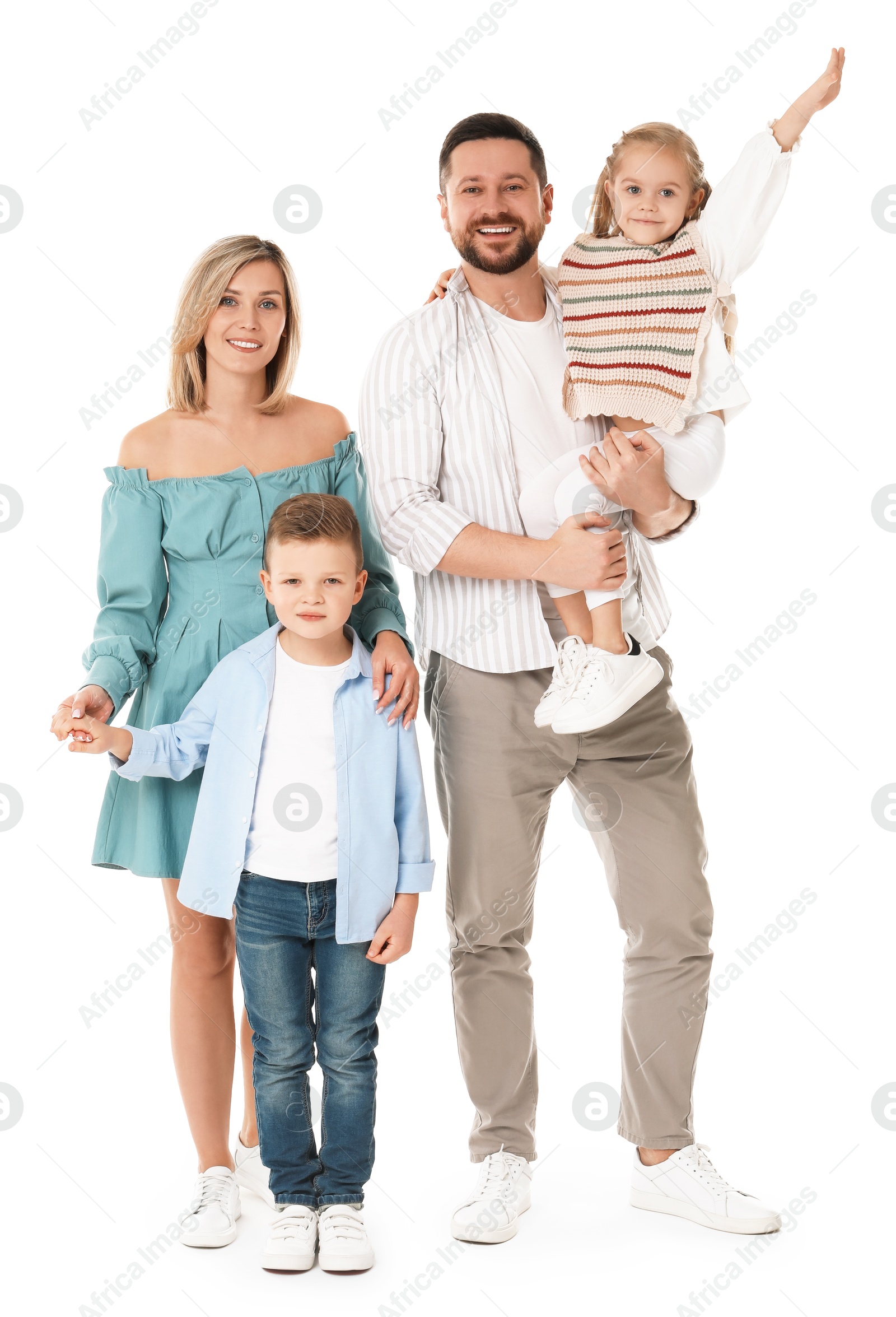 Photo of Happy parents with their children on white background