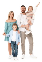 Photo of Happy parents with their children on white background