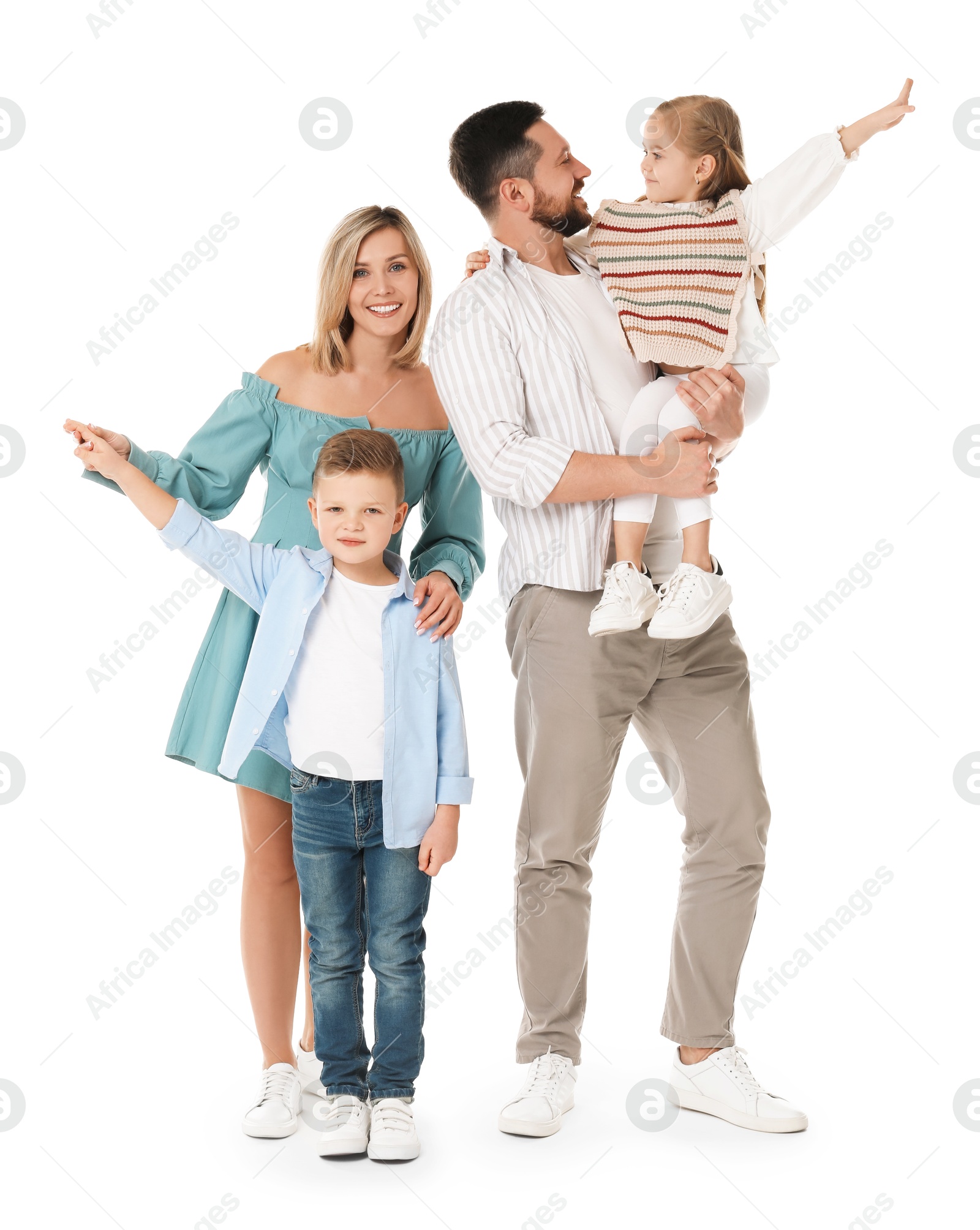 Photo of Happy parents with their children on white background