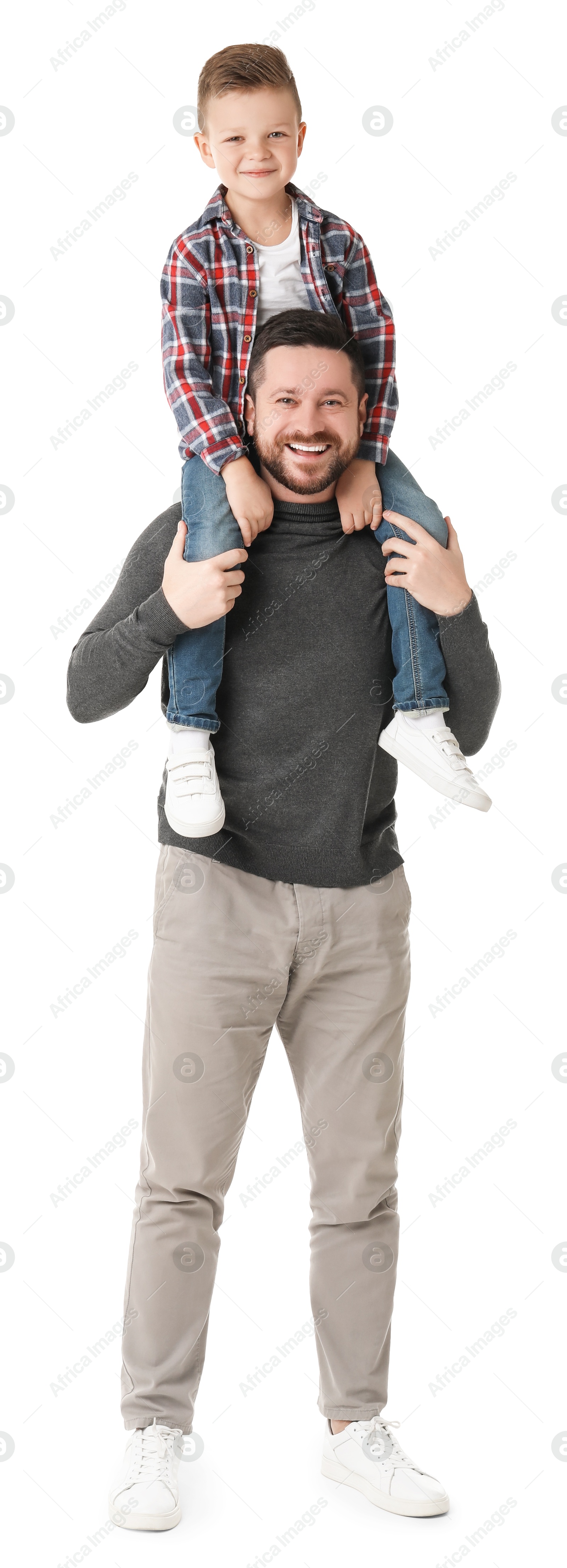 Photo of Happy father with his cute little son on white background