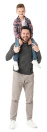 Photo of Happy father with his cute little son on white background