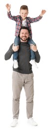 Photo of Happy father with his cute little son on white background