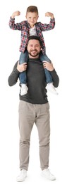 Photo of Happy father with his cute little son on white background