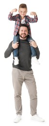 Photo of Happy father with his cute little son on white background