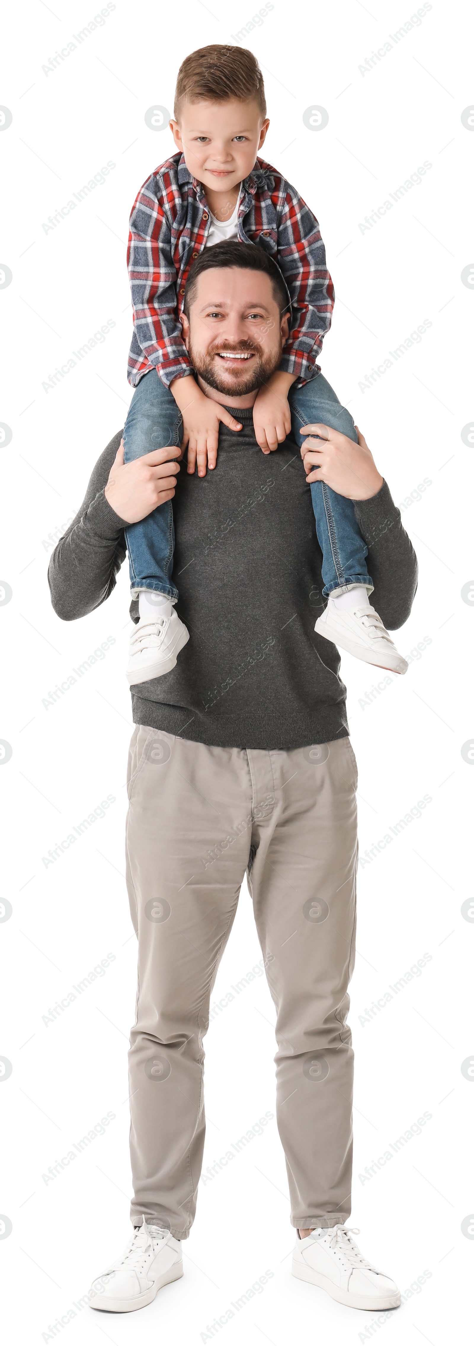 Photo of Happy father with his cute little son on white background