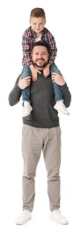 Photo of Happy father with his cute little son on white background