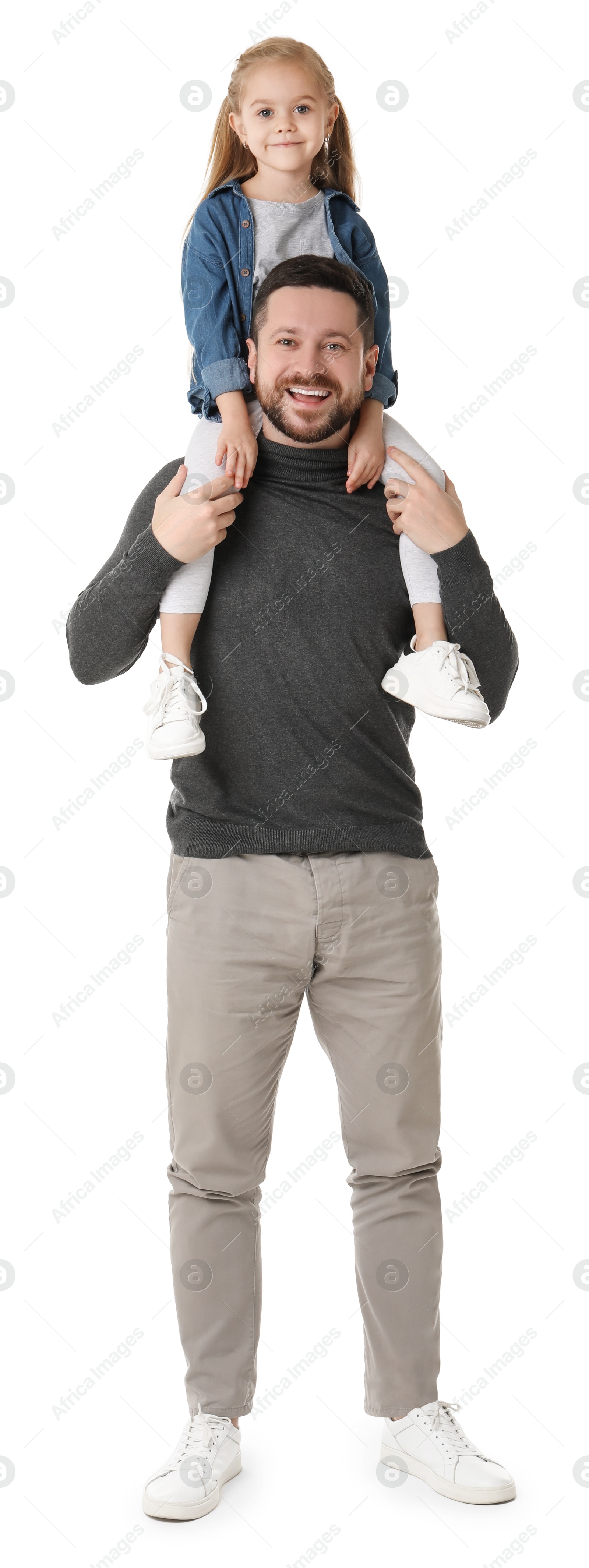 Photo of Happy father with his cute little daughter on white background