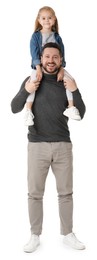 Photo of Happy father with his cute little daughter on white background