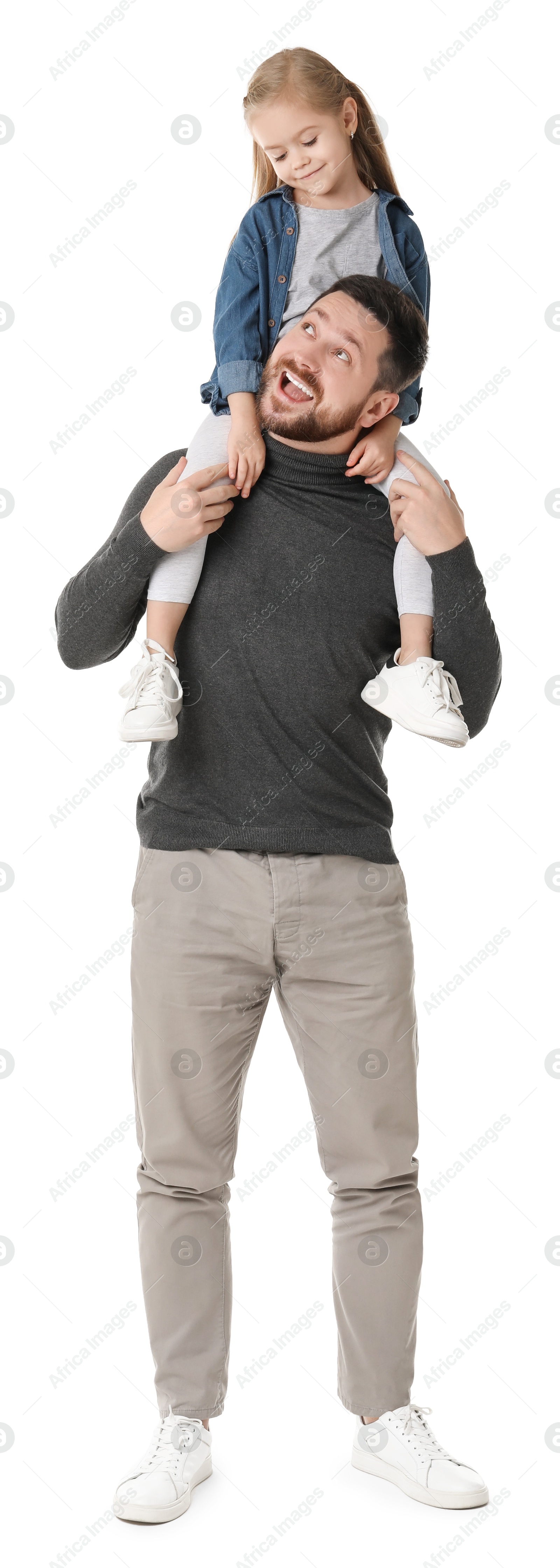 Photo of Happy father with his cute little daughter on white background