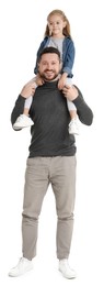 Photo of Happy father with his cute little daughter on white background