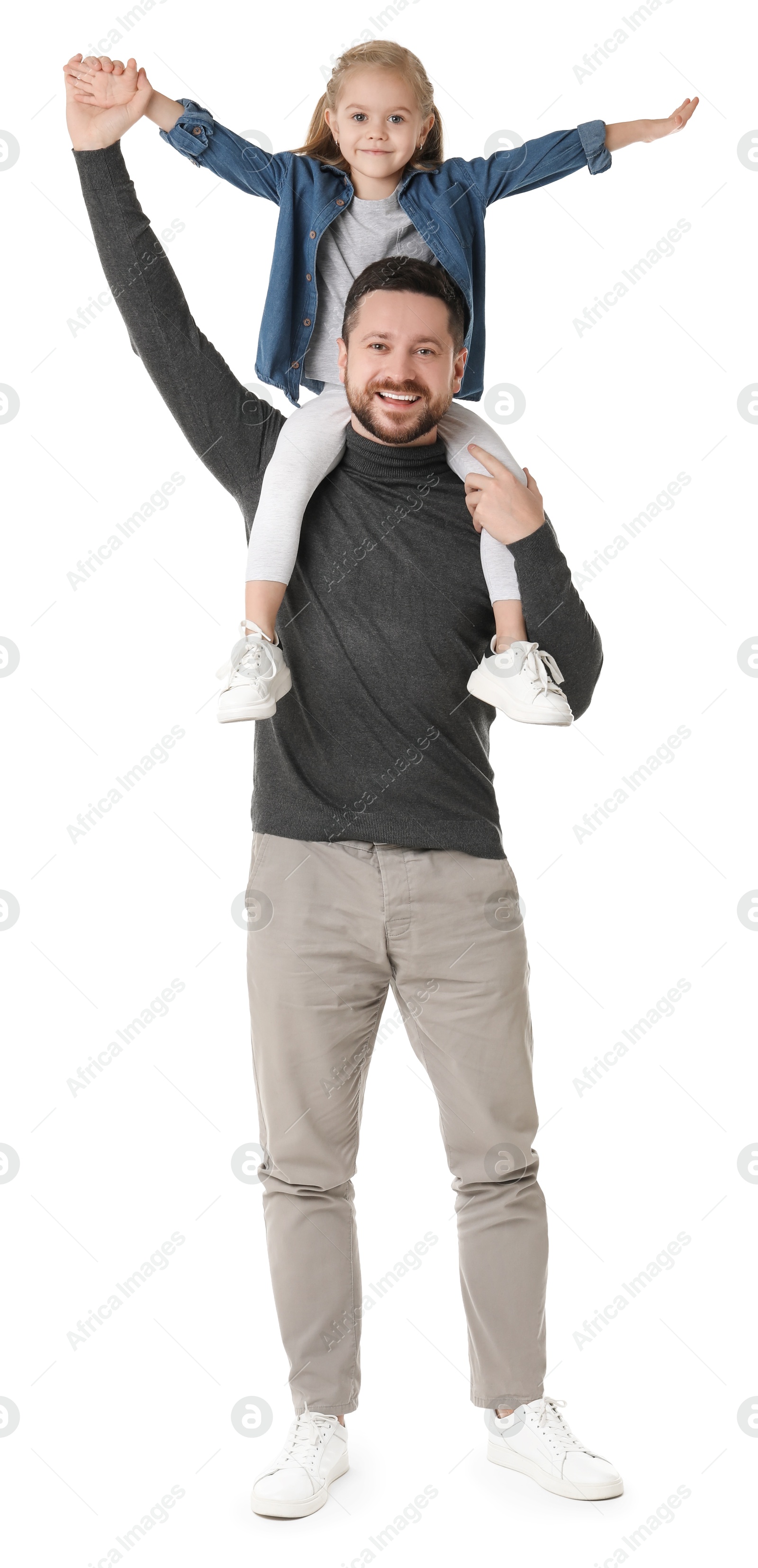 Photo of Happy father with his cute little daughter on white background