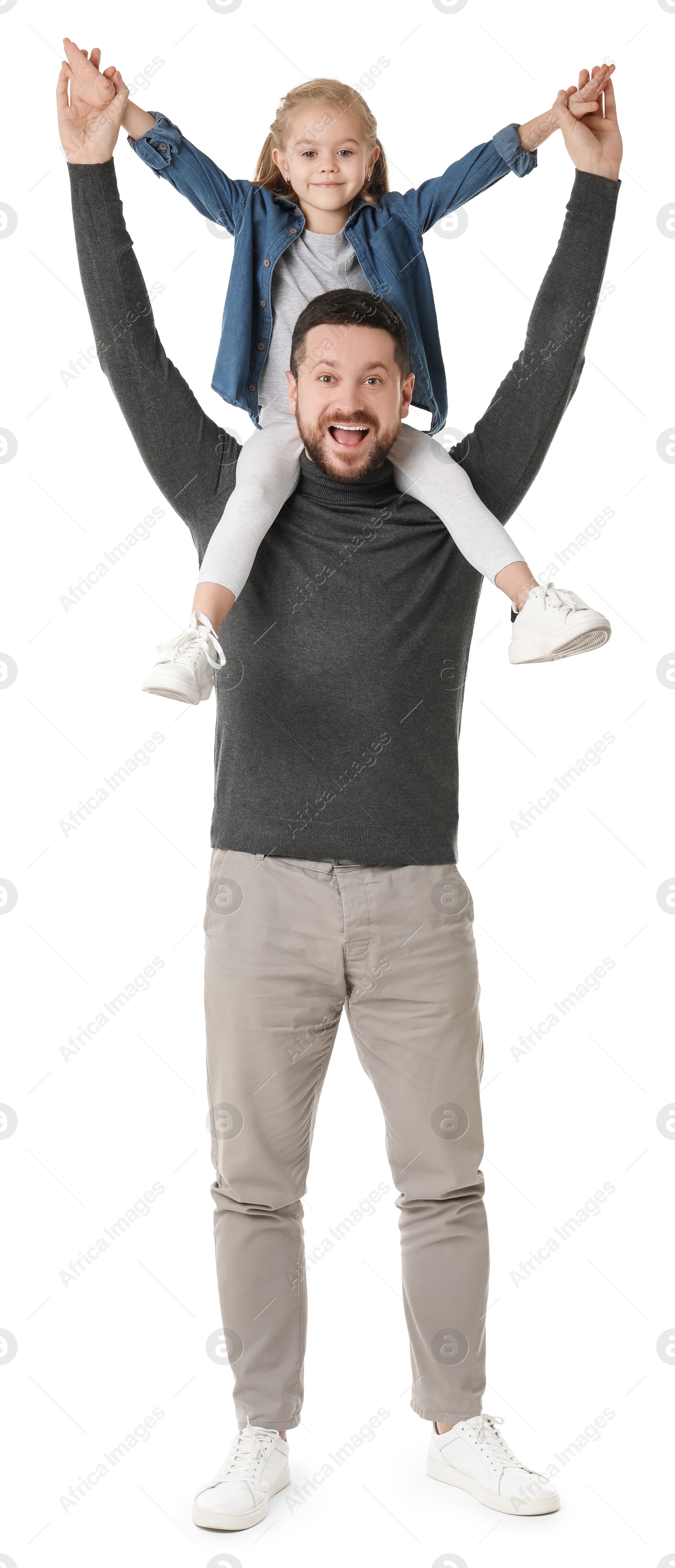 Photo of Happy father with his cute little daughter on white background