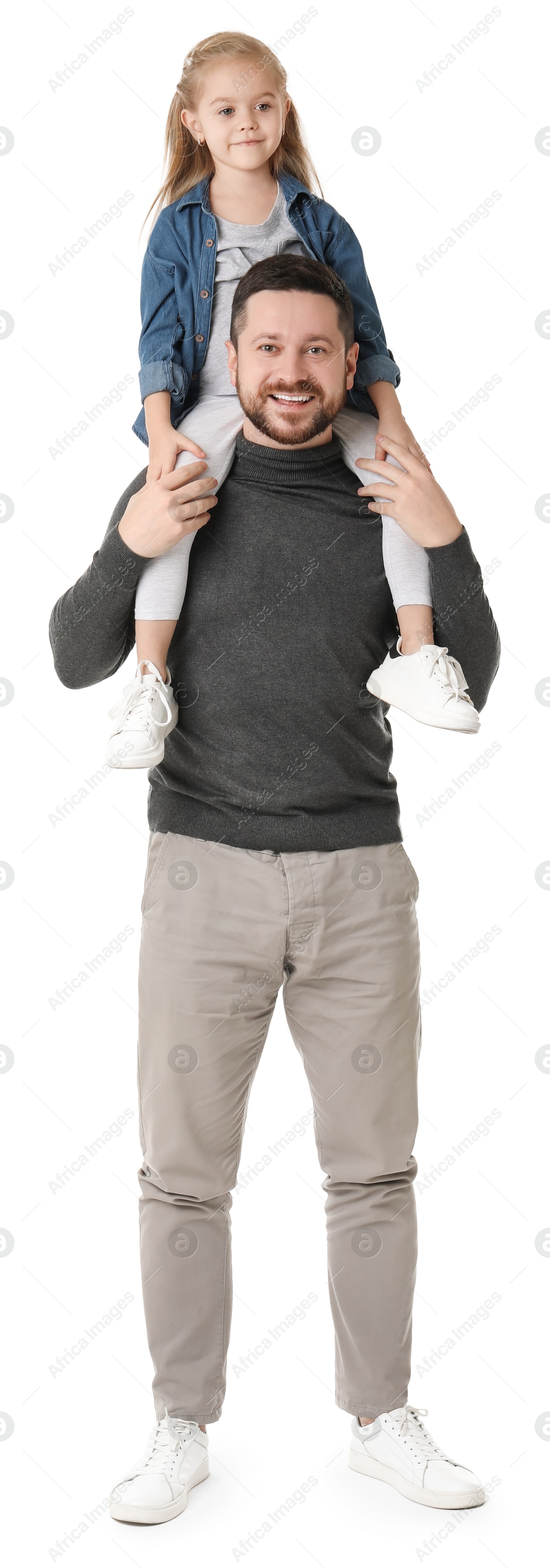 Photo of Happy father with his cute little daughter on white background