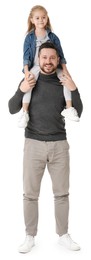 Photo of Happy father with his cute little daughter on white background