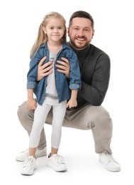 Photo of Happy father with his cute little daughter on white background