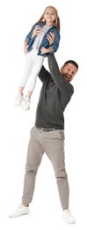 Happy father with his cute little daughter on white background