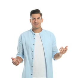 Photo of Man in casual clothes talking on white background