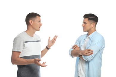 Photo of Men in casual clothes talking on white background