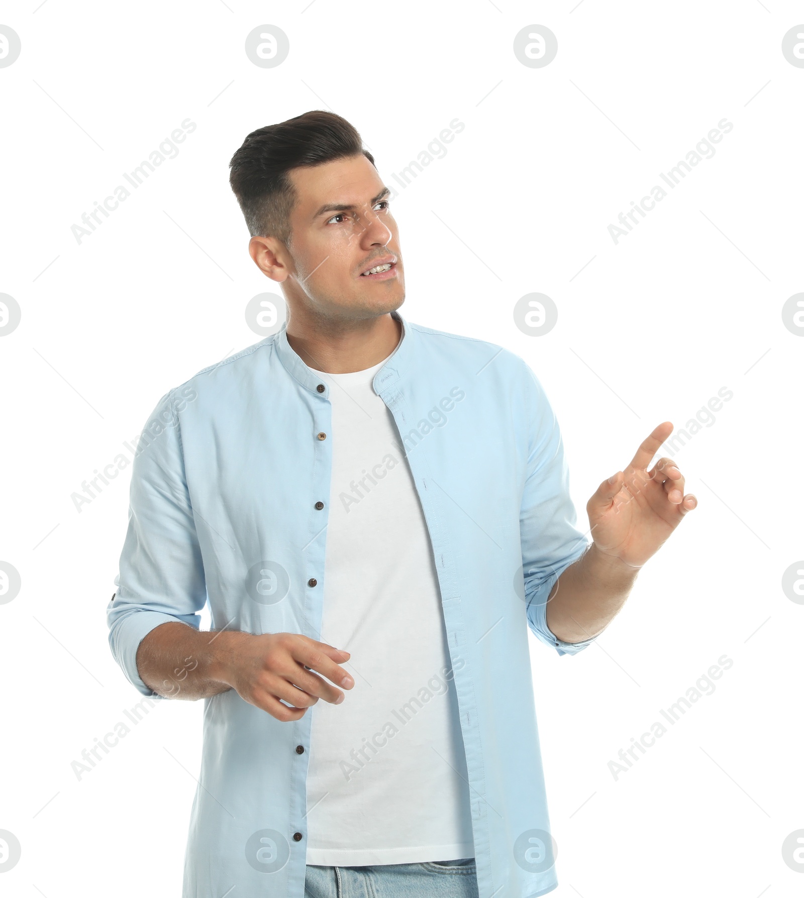 Photo of Man in casual clothes talking on white background