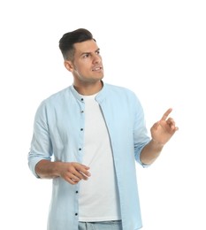 Photo of Man in casual clothes talking on white background