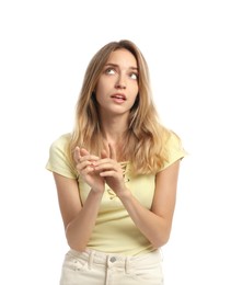 Photo of Thoughtful young woman talking on white background