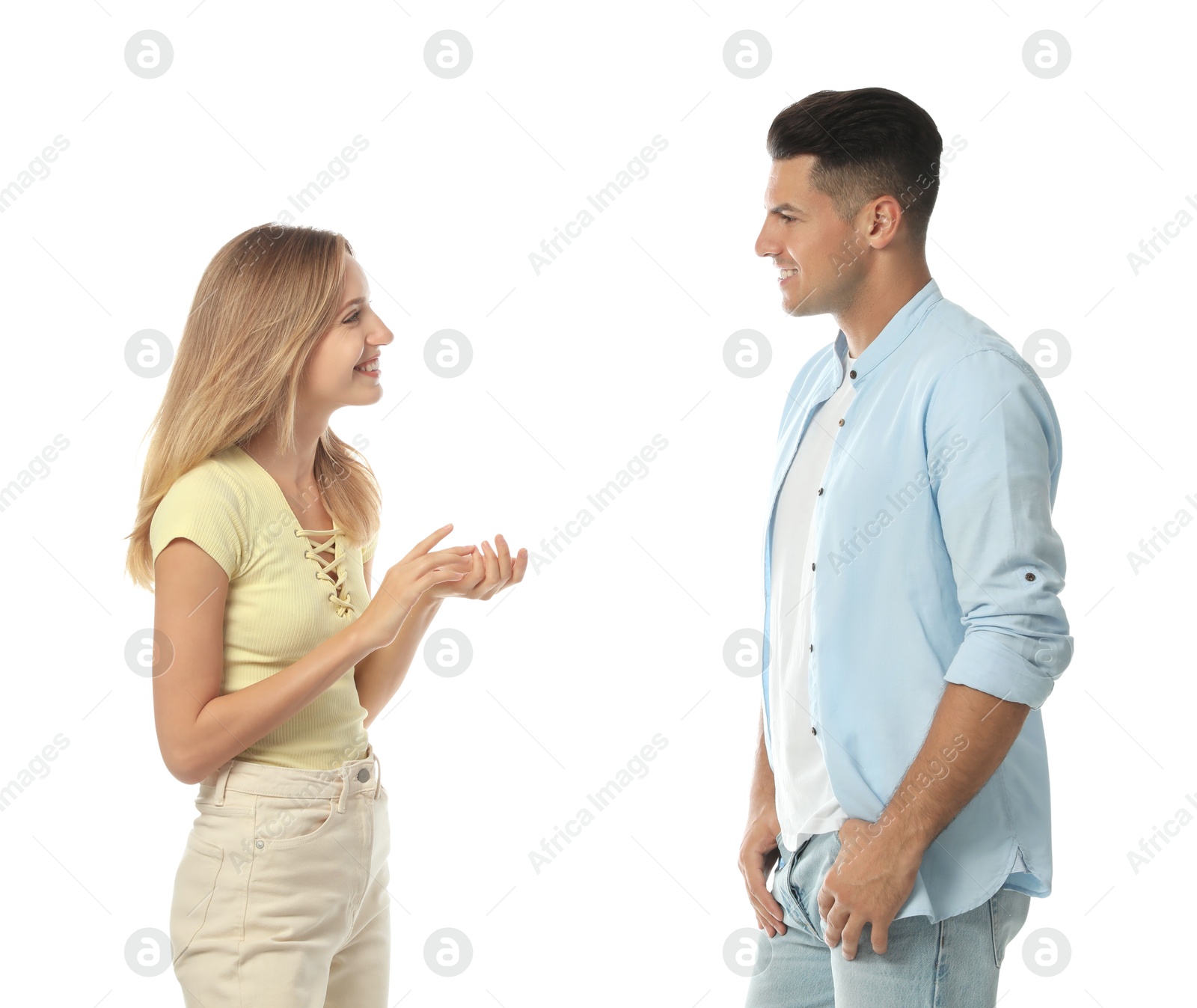 Photo of Man and woman talking on white background