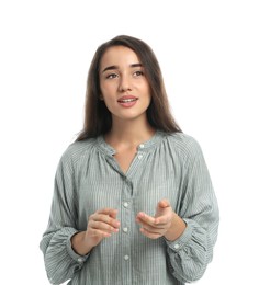 Photo of Young woman in casual clothes talking on white background