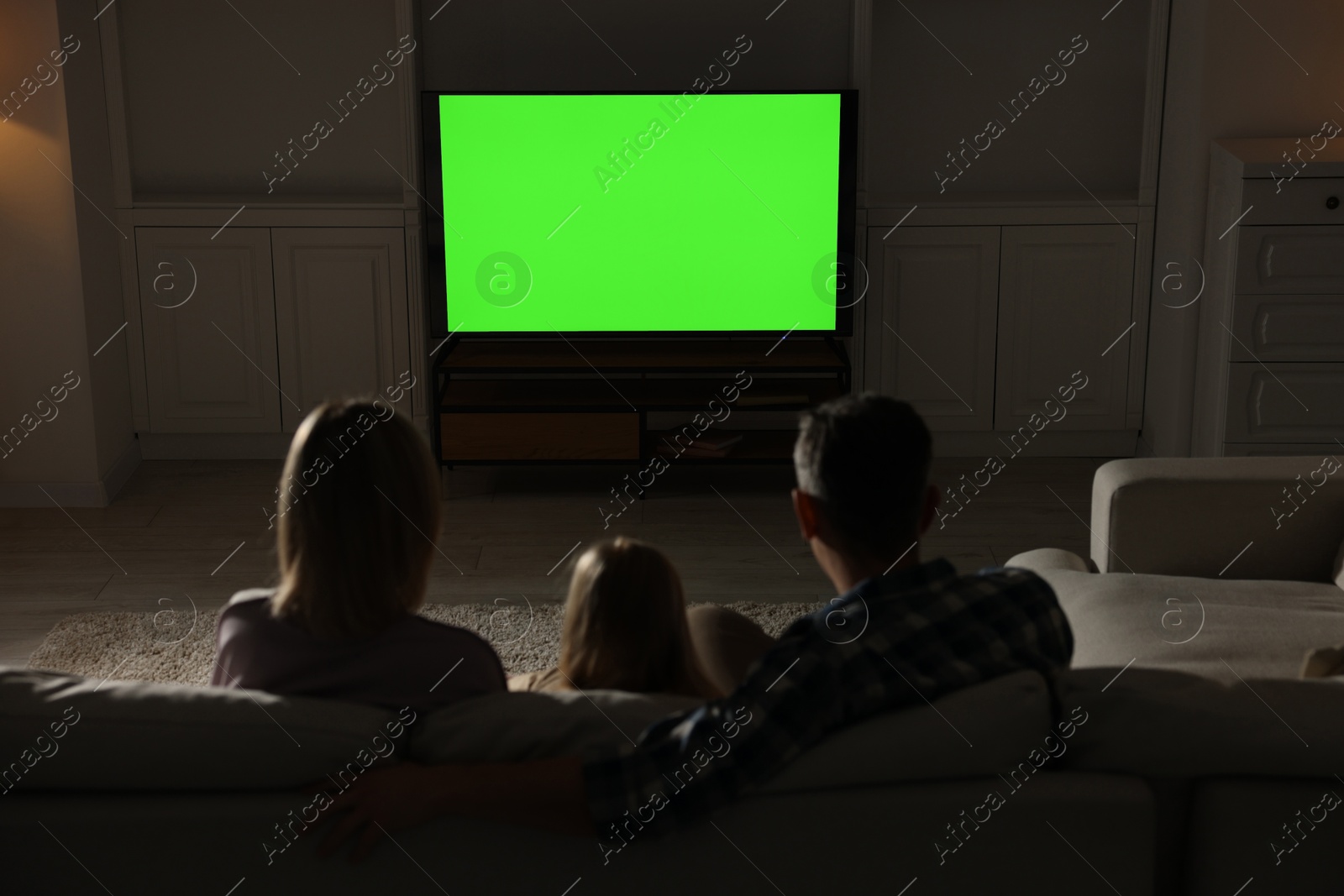 Photo of Family watching TV on sofa at home in evening, back view