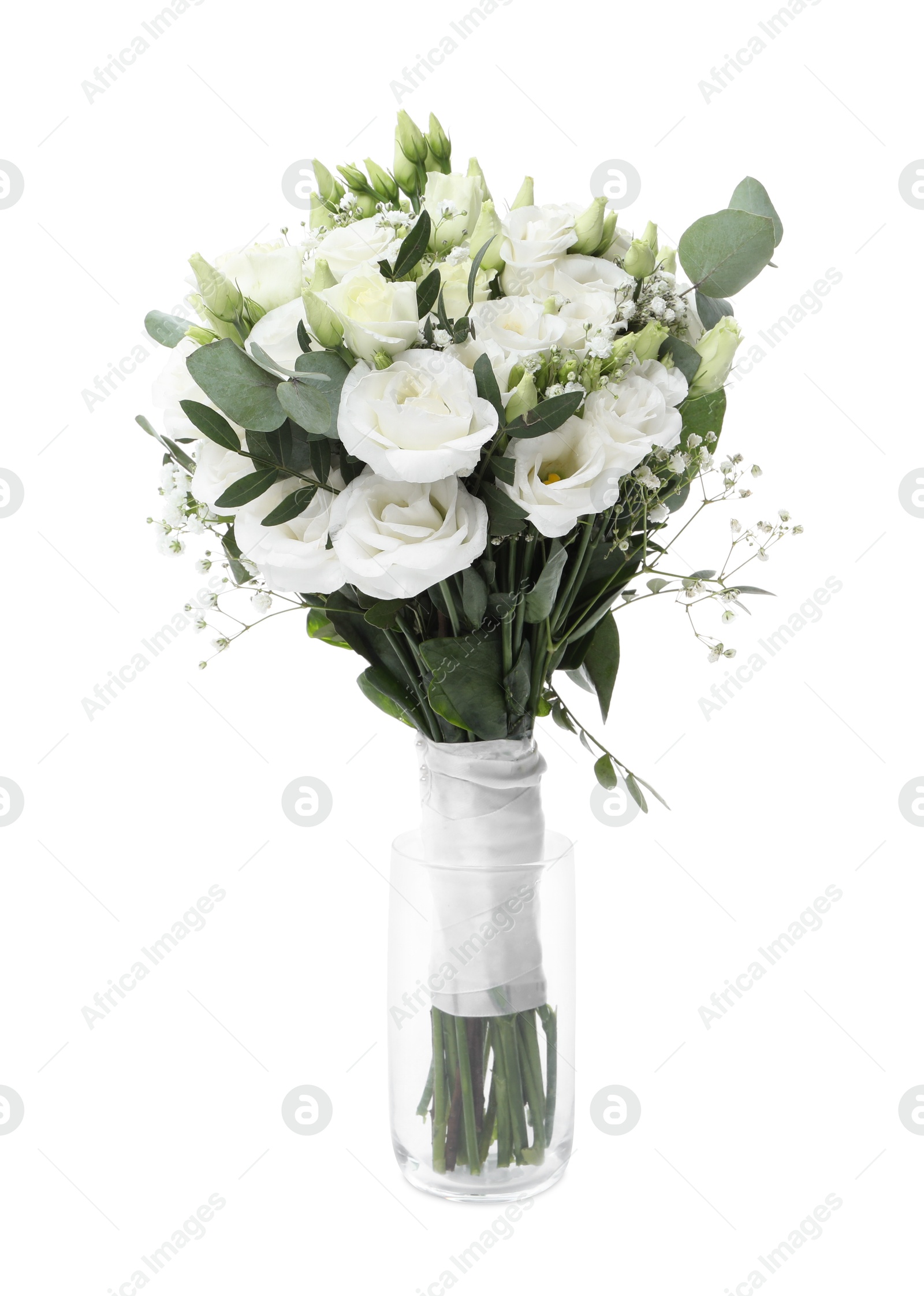 Photo of Wedding bouquet of beautiful flowers in vase isolated on white