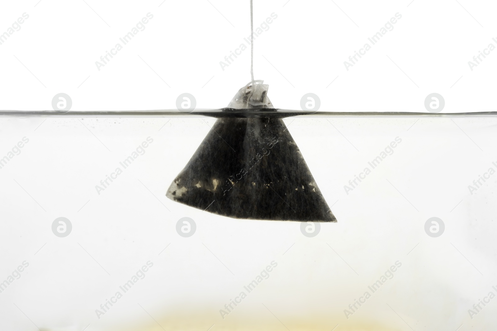 Photo of Putting tea bag into glass cup on white background, closeup