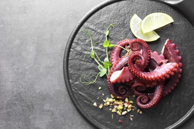 Photo of Tasty boiled octopus tentacles, microgreens, nuts and lime on grey table, top view. Space for text