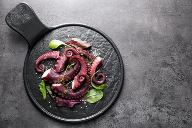 Photo of Tasty boiled octopus tentacles, microgreens and salt on grey textured table, top view. Space for text