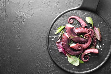 Photo of Tasty boiled octopus tentacles, microgreens and salt on grey textured table, top view. Space for text