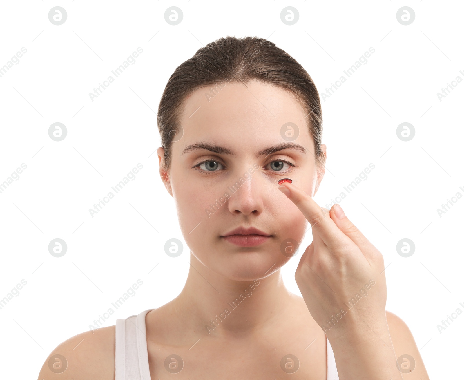 Photo of Woman with red color contact lens on white background