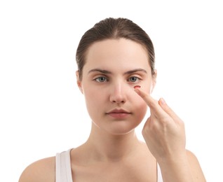 Photo of Woman with red color contact lens on white background