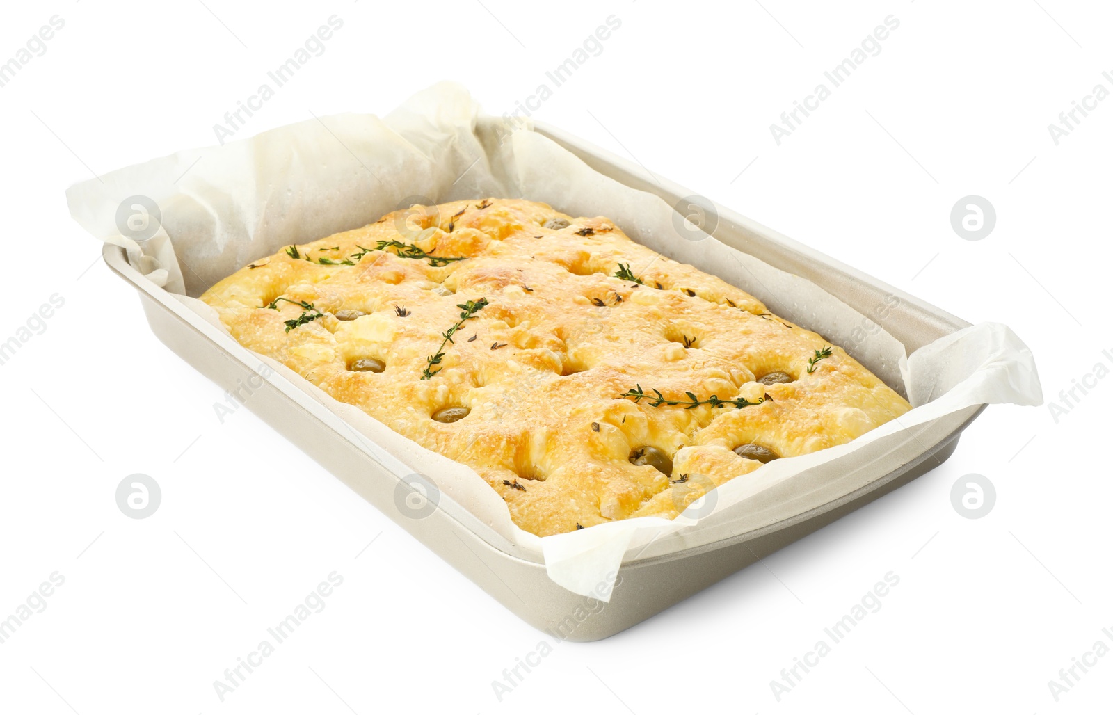 Photo of Delicious focaccia bread with olives and thyme in baking dish isolated on white