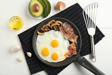 Photo of Tasty fried eggs with bacon and mushrooms served on white wooden table, flat lay