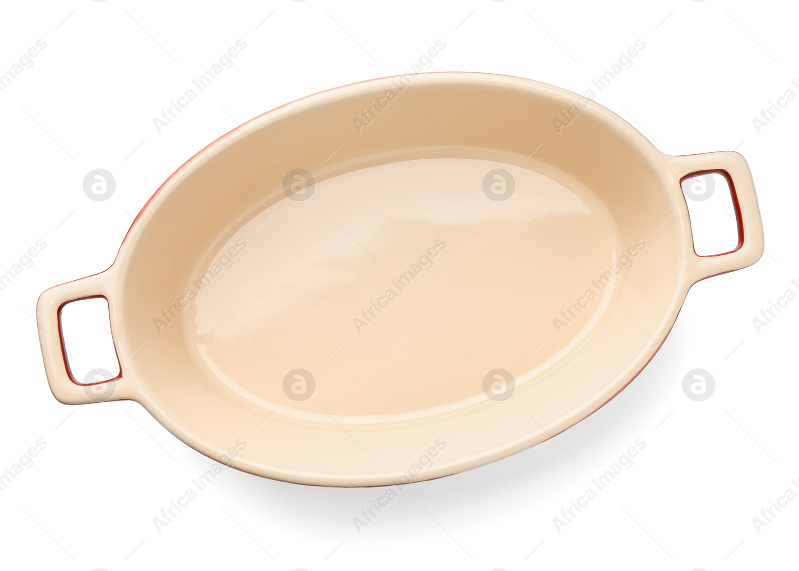 Photo of One ceramic casserole isolated on white, top view. Cooking utensil