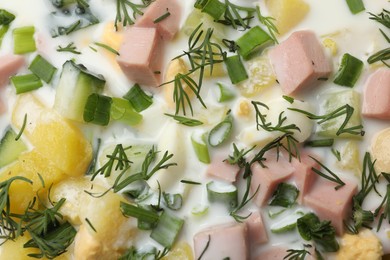 Photo of Delicious okroshka soup as background, top view