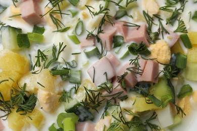 Photo of Delicious okroshka soup as background, top view