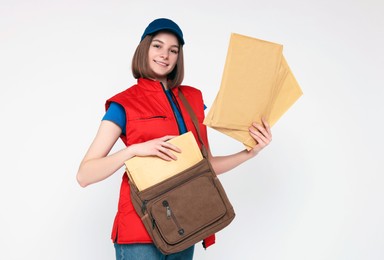 Photo of Happy postwoman with bag and envelopes on white background