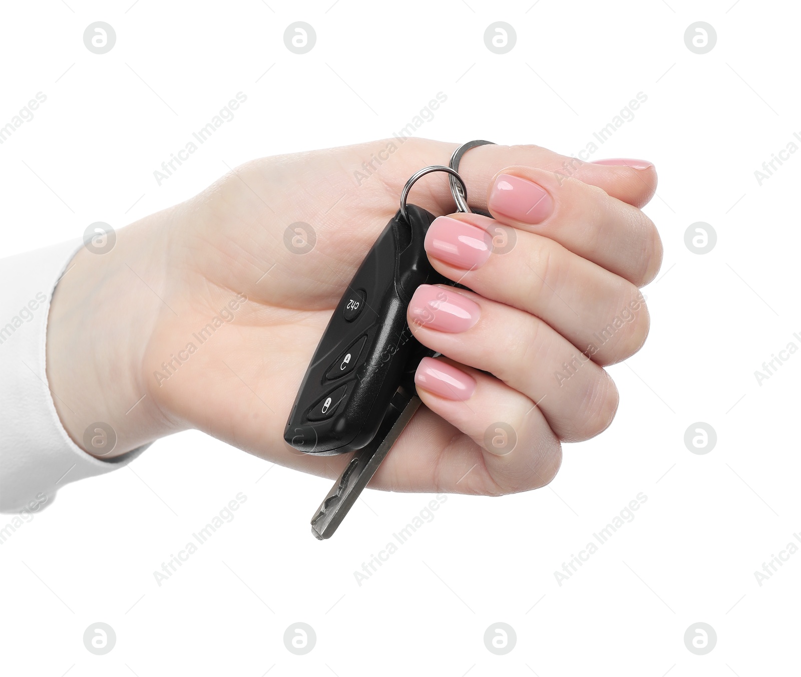 Photo of Woman with car keys on white background, closeup. Buying auto