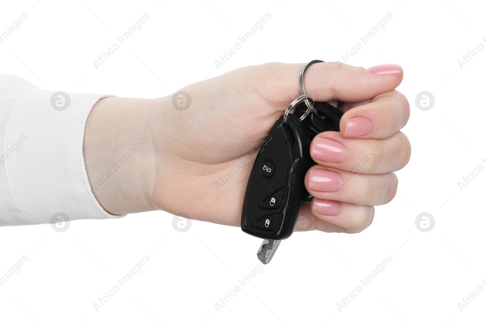 Photo of Woman with car keys on white background, closeup. Buying auto