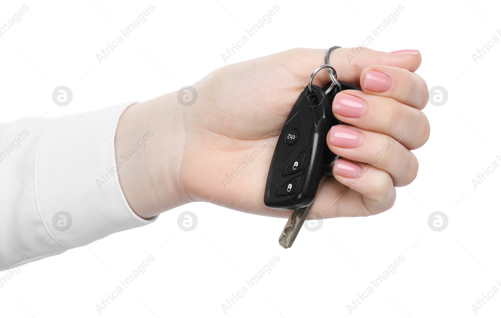 Photo of Woman with car keys on white background, closeup. Buying auto