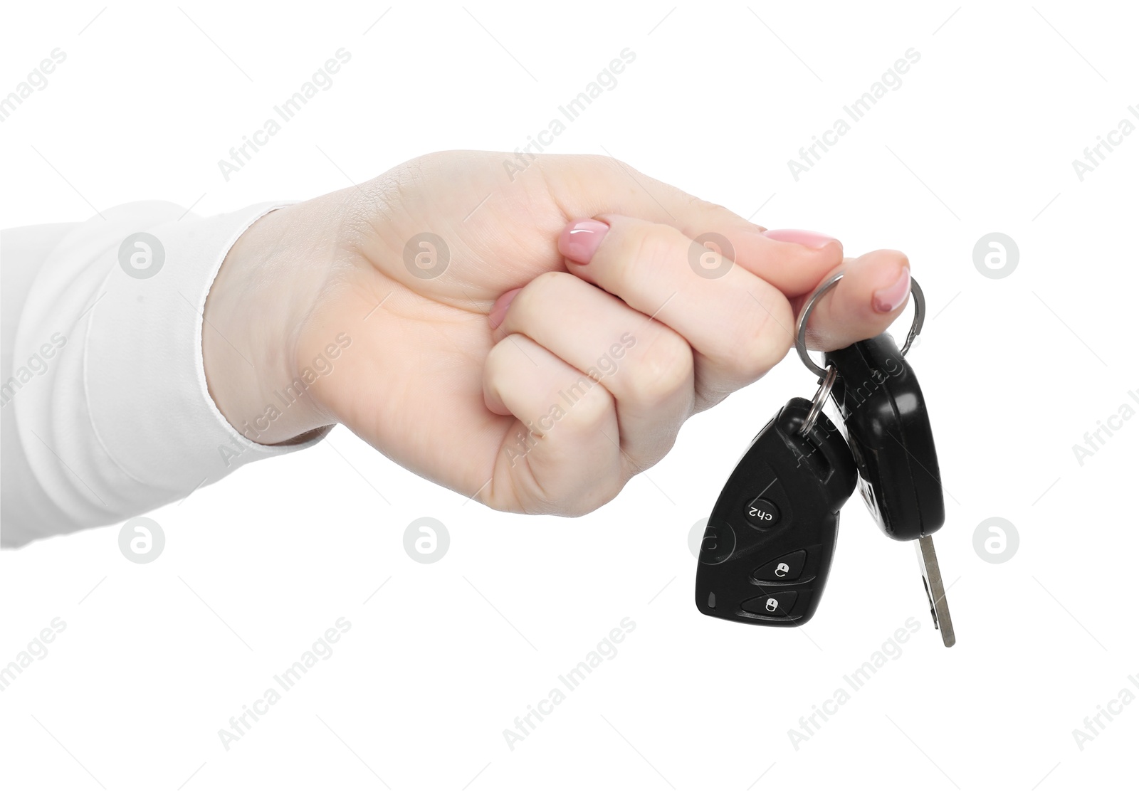 Photo of Woman with car keys on white background, closeup. Buying auto