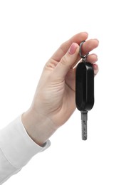 Photo of Woman with car key on white background, closeup. Buying auto