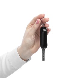 Photo of Woman with car key on white background, closeup. Buying auto